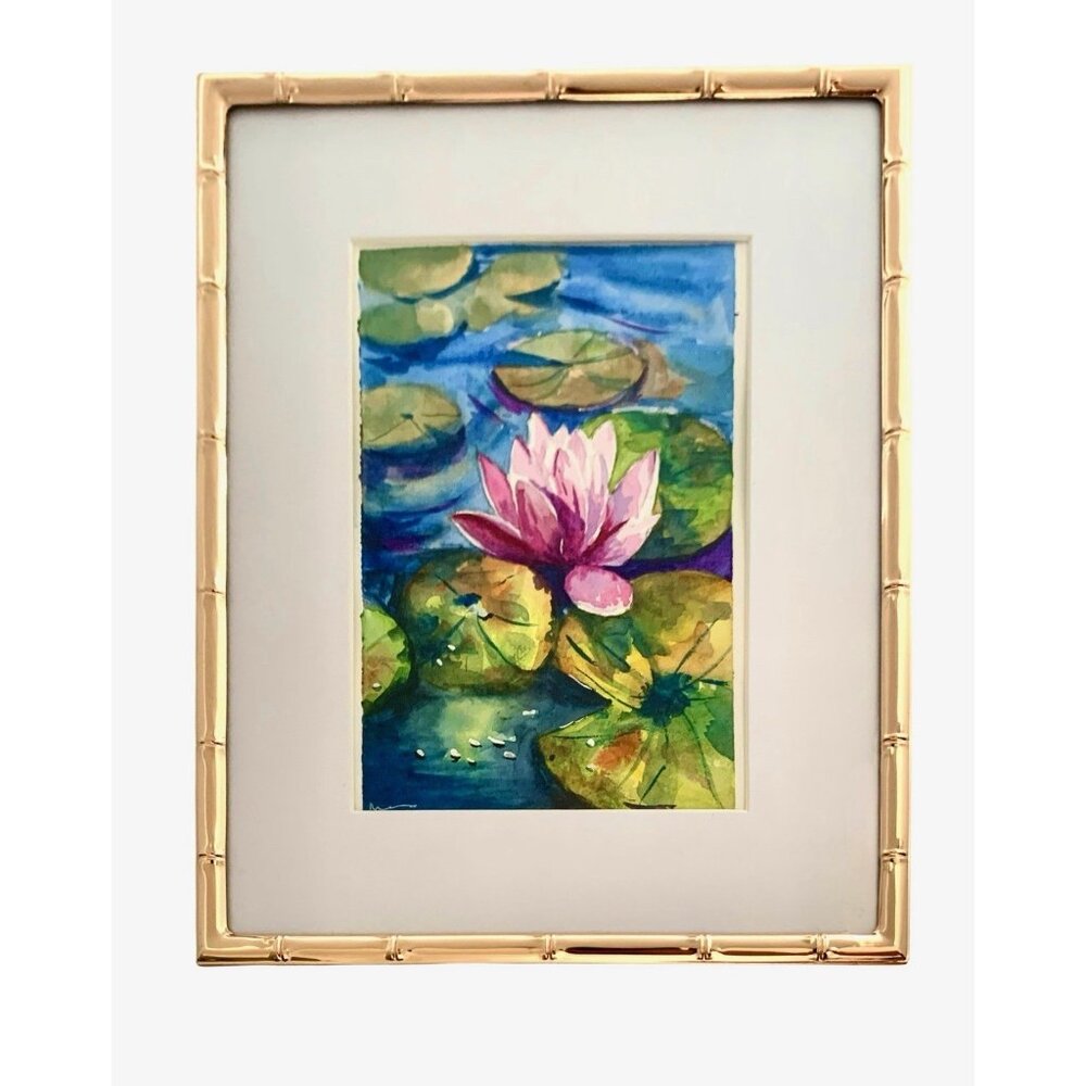 Painting Water Lily Pad Flower in Pond Original Watercolor Metal Bamboo Frame